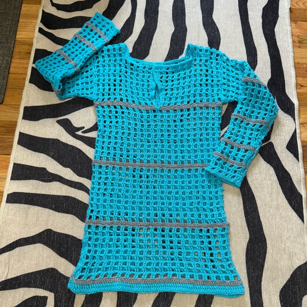 One of a kind! Vintage 70s Handmade Turquoise and Gray Crochet Dress
